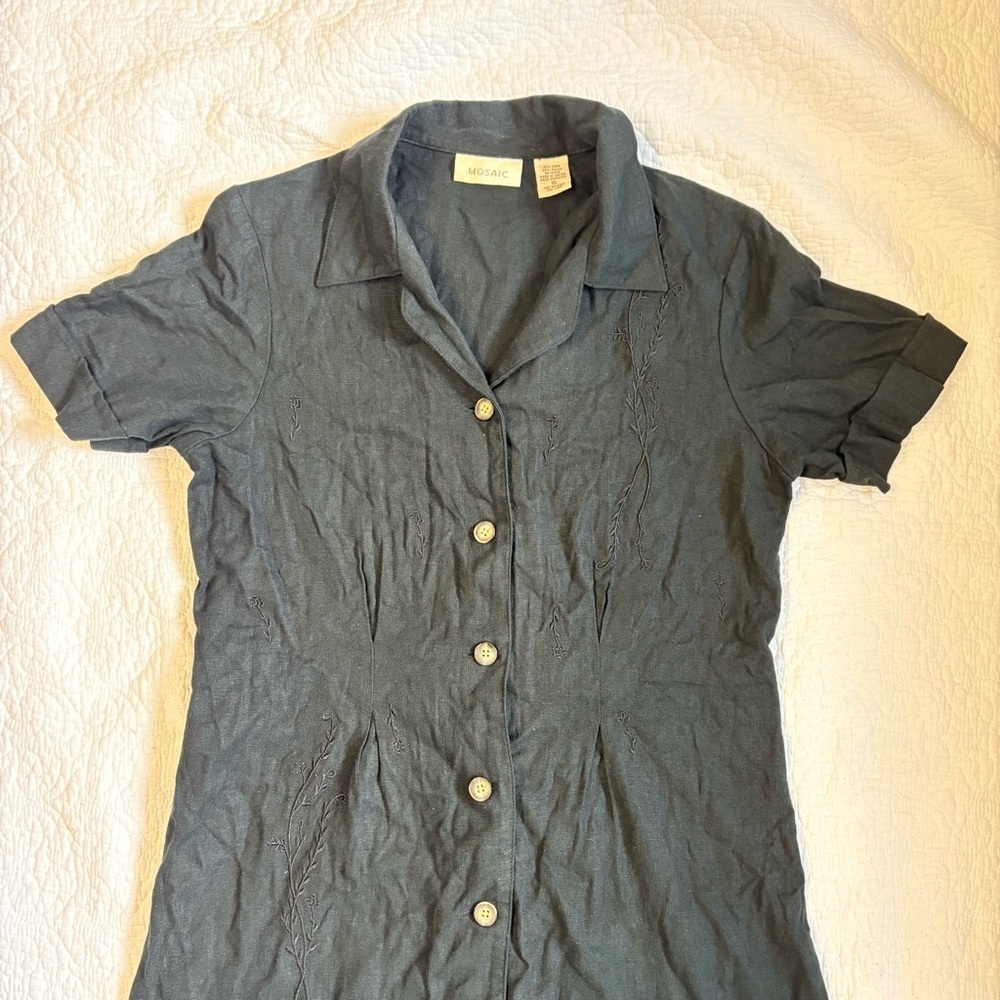 Black Linen Blend Embroidered Button-Front Midi Dress | Mosaic | Size 10